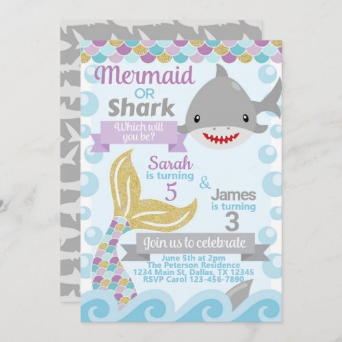 Mermaid Shark Birthday Party Invitation Invite