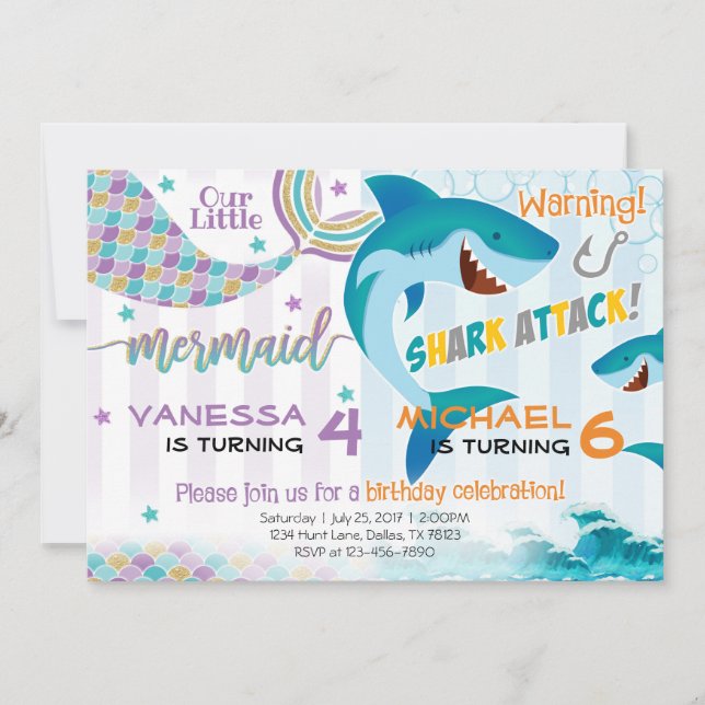 Mermaid Shark Birthday Party Invitation Siblings (Front)