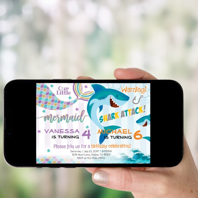 Mermaid Shark Birthday Party Invitation Siblings (Front Digital)