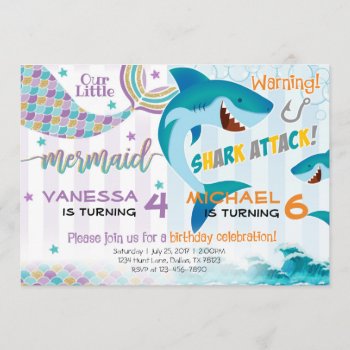 Mermaid Shark Birthday Party Invitation Siblings by PerfectPrintableCo at Zazzle