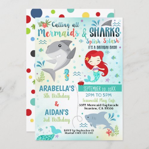 Mermaid Shark Invitation Sibling Birthday Joint