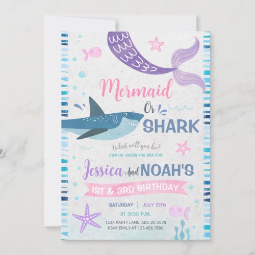 Mermaid  Shark Joint Birthday  Invitation