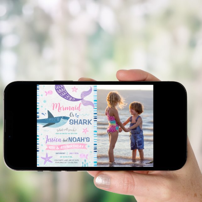 Mermaid & Shark Joint Birthday Photo Invitation (Front Digital)