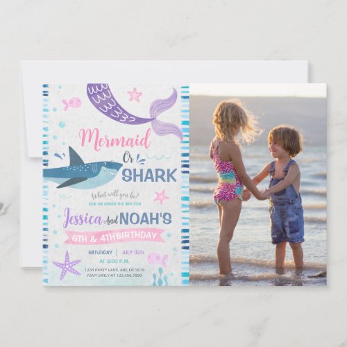 Mermaid  Shark Joint Birthday Photo Invitation