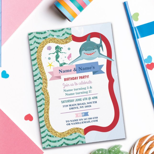 Mermaid & Shark Joint Boy Girl Birthday Invitation (Creator Uploaded)