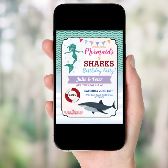 Mermaid Shark Pool Party Joint Boy Girl Birthday Invitation (Front Digital)