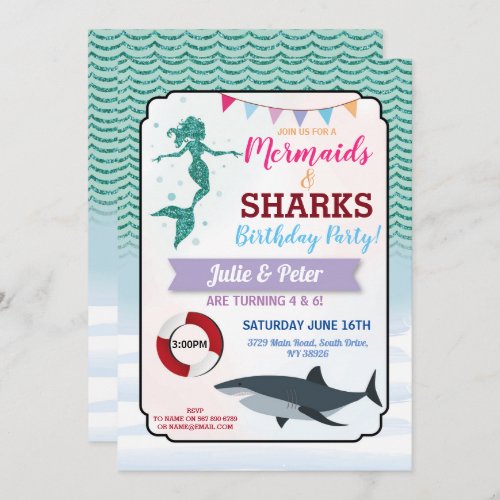 Mermaid Shark Pool Party Joint Boy Girl Birthday Invitation