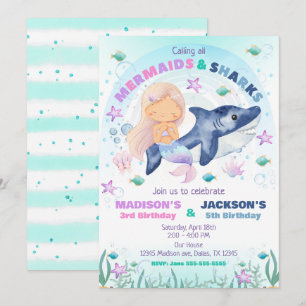 Mermaid &  Shark Under the Sea Birthday  Invitation