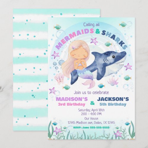 Mermaid &  Shark Under the Sea Birthday  Invitation