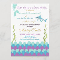 Mermaid Shark Under The Sea Twins Baby Shower Invitation