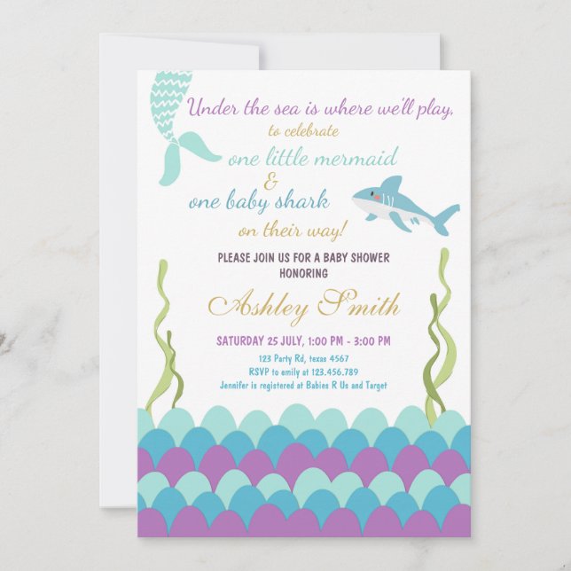 Mermaid Shark Under The Sea Twins Baby Shower Invitation (Front)