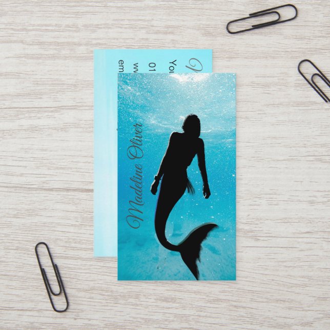 Mermaid Silhouette Blue Ocean QR Code Professional Business Card (Front/Back In Situ)