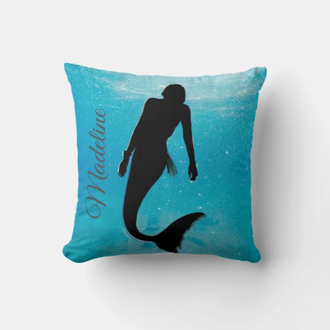 Mermaid Silhouette Blue Ocean Summer Modern  Throw Pillow (Front)