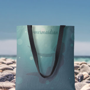 Mermaid Silhouette Custom Name Teal Tote Bag