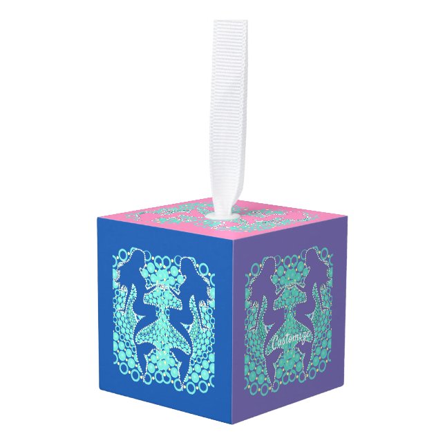 Mermaid Silhouette in Bubbles Thunder_Cove  Cube Ornament (Front Angled)