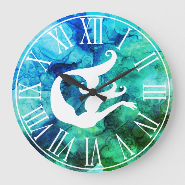 Mermaid Silhouette & Ocean Swirls Large Clock (Front)