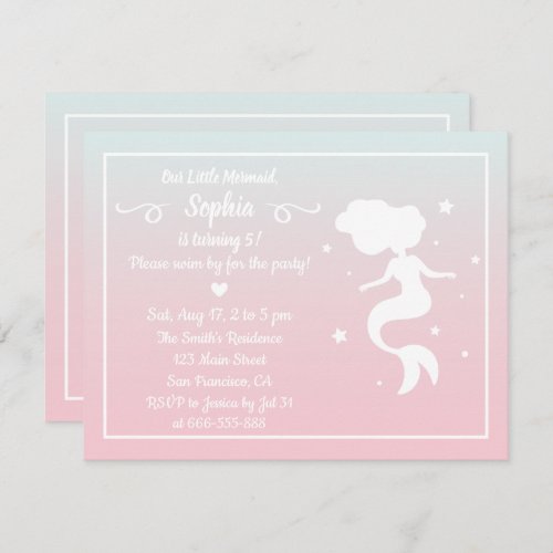 Mermaid Silhouette Pink Blue Ombre Birthday Party Invitation
