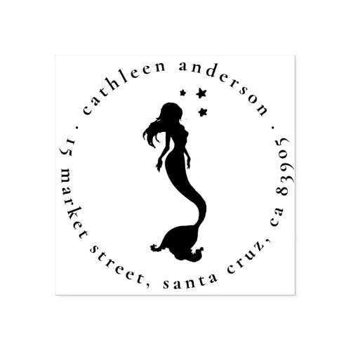Mermaid Silhouette Round Name  Return Address Rubber Stamp
