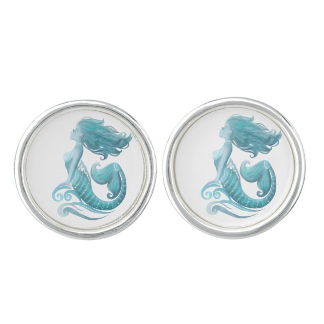 Mermaid silhouette watercolor stylish cufflinks (Front)