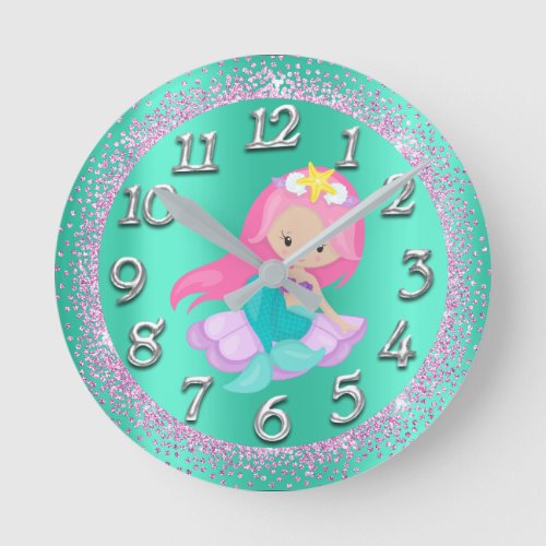 Mermaid Silver Aqua Crystals Candy Glitter Pink Round Clock