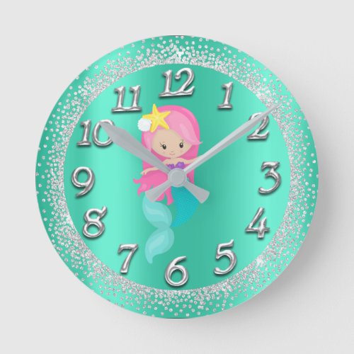 Mermaid Silver Aqua Crystals Confetti Glitter Pink Round Clock