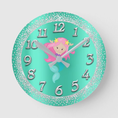 Mermaid Silver Aqua Crystals Confetti Glitter Pink Round Clock