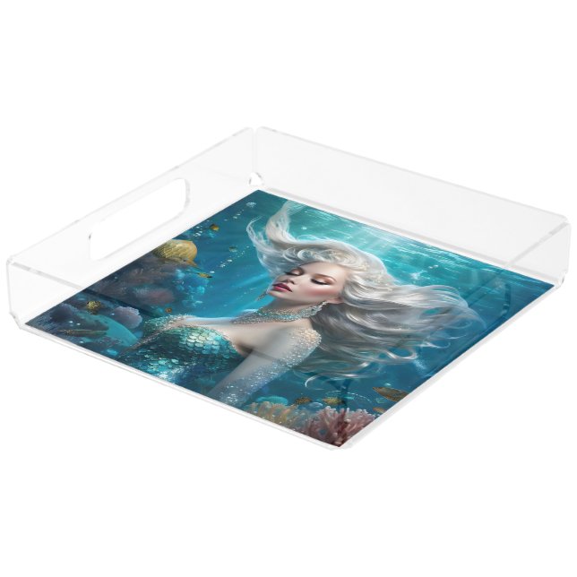 Mermaid Silver Hair Turquoise Ocean Acrylic Tray (Angled)