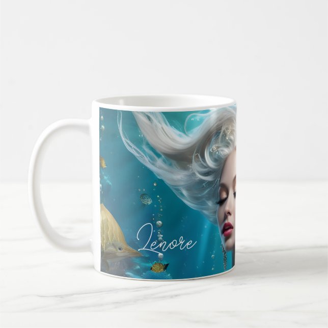 Mermaid Silver Hair Turquoise Ocean Coffee Mug (Left)