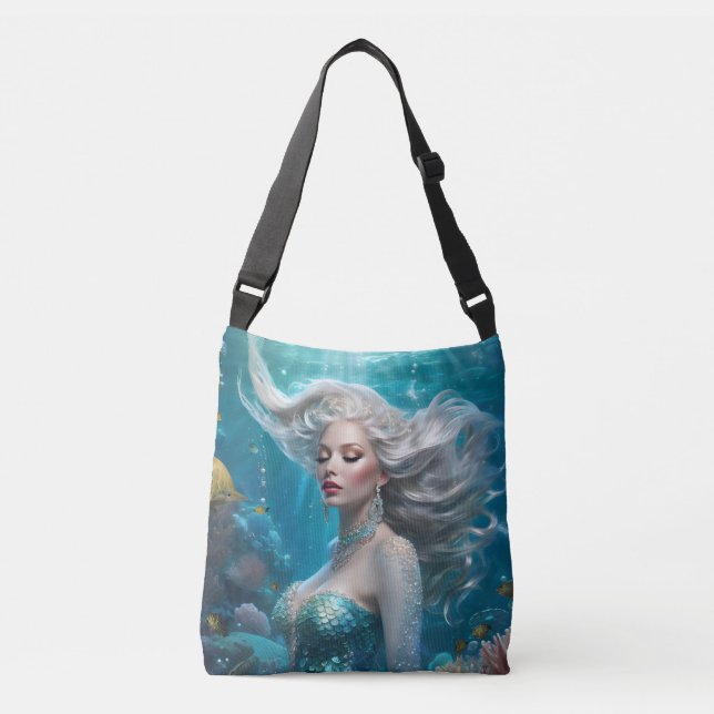 Mermaid Silver Hair Turquoise Ocean Crossbody Bag (Front)