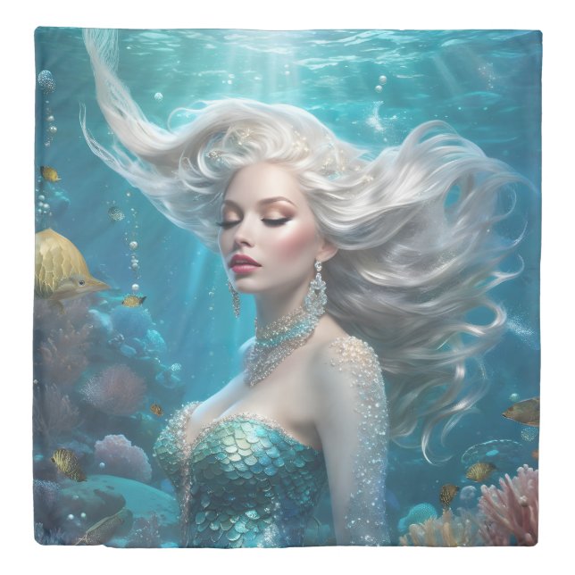 Mermaid Silver Hair Turquoise Ocean Duvet Cover (Front)