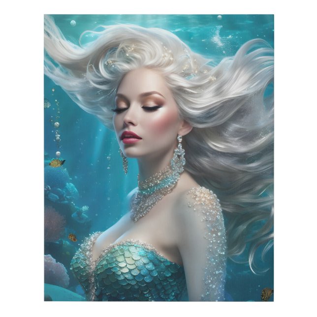 Mermaid Silver Hair Turquoise Ocean Faux Canvas Print (Front)