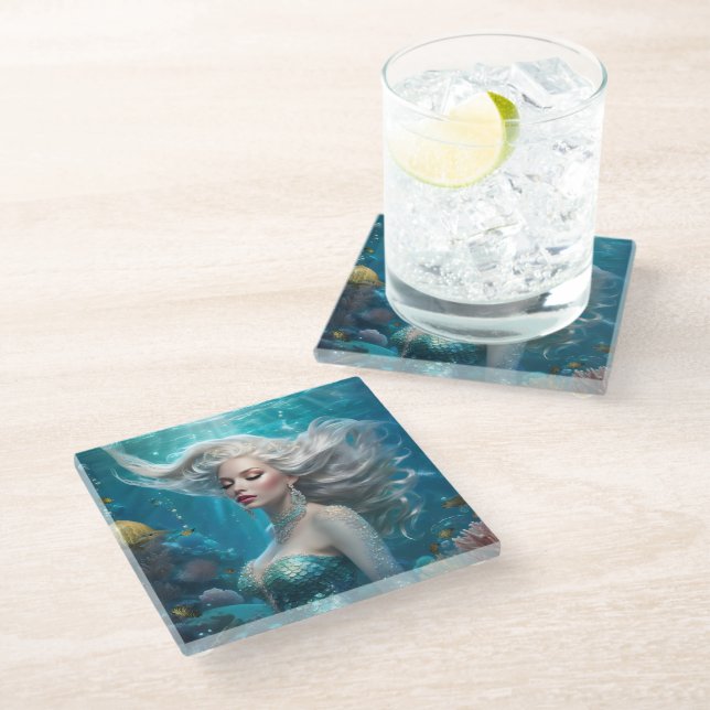 Mermaid Silver Hair Turquoise Ocean Glass Coaster (Angled)