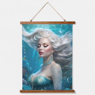 Mermaid Silver Hair Turquoise Ocean Hanging Tapestry