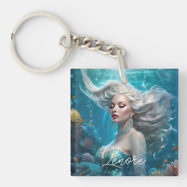 Mermaid Silver Hair Turquoise Ocean Keychain (Front)