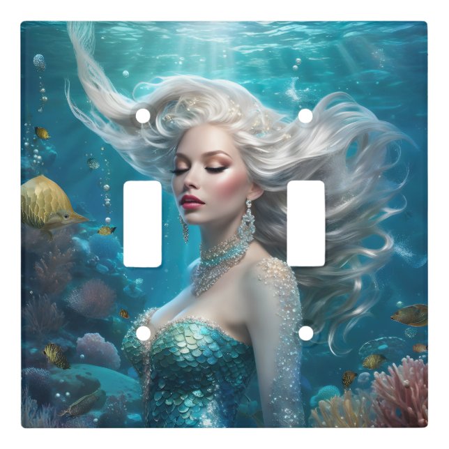 Mermaid Silver Hair Turquoise Ocean Light Switch Cover (Front)