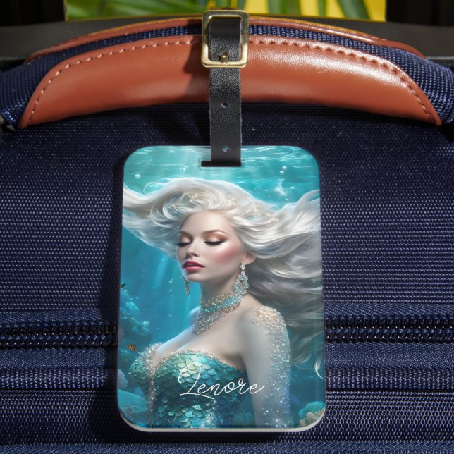 Mermaid Silver Hair Turquoise Ocean Luggage Tag (Front Insitu 2)