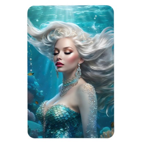 Mermaid Silver Hair Turquoise Ocean Magnet