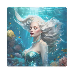 Mermaid Silver Hair Turquoise Ocean Metal Print