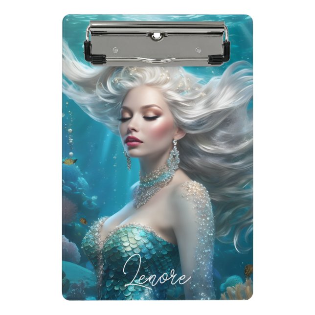 Mermaid Silver Hair Turquoise Ocean Mini Clipboard (Front)