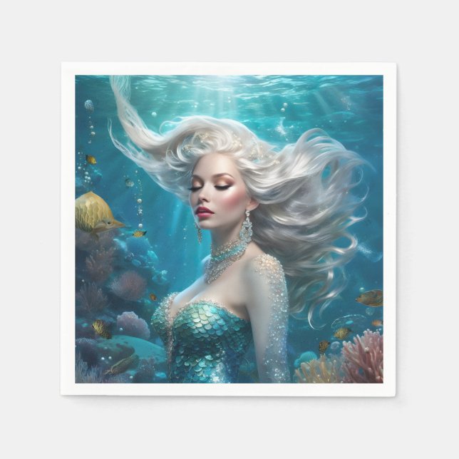 Mermaid Silver Hair Turquoise Ocean Napkins (Front)
