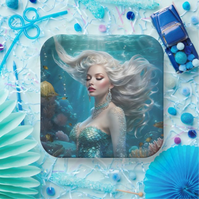 Mermaid Silver Hair Turquoise Ocean Paper Plates (Party)