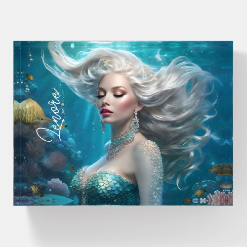 Mermaid Silver Hair Turquoise Ocean Paperweight