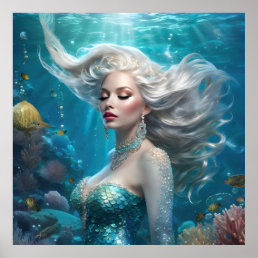 Mermaid Silver Hair Turquoise Ocean Poster
