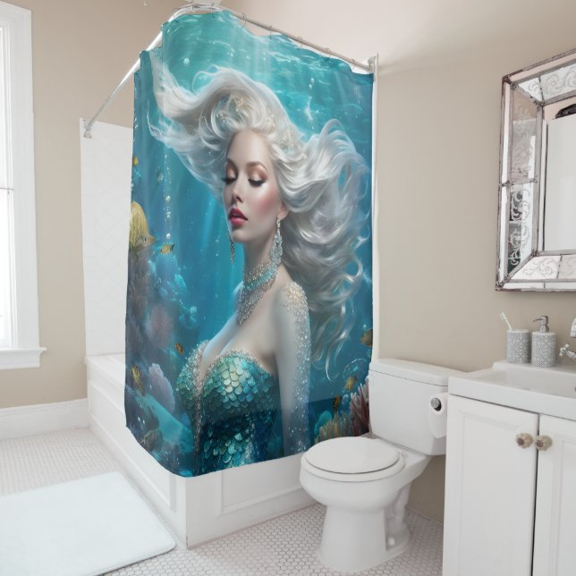 Mermaid Silver Hair Turquoise Ocean Shower Curtain (In Situ)