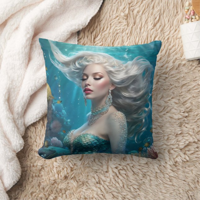 Mermaid Silver Hair Turquoise Ocean Throw Pillow (Blanket)