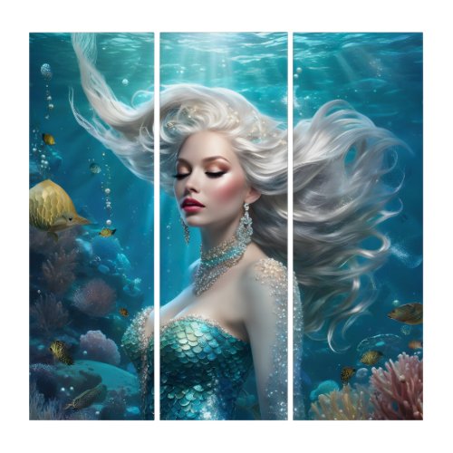 Mermaid Silver Hair Turquoise Ocean Triptych