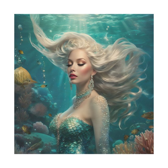 Mermaid Silver Hair Turquoise Ocean Wood Wall Art (Front)