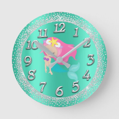 Mermaid Silver Mint Crystals Confetti Glitter Gray Round Clock