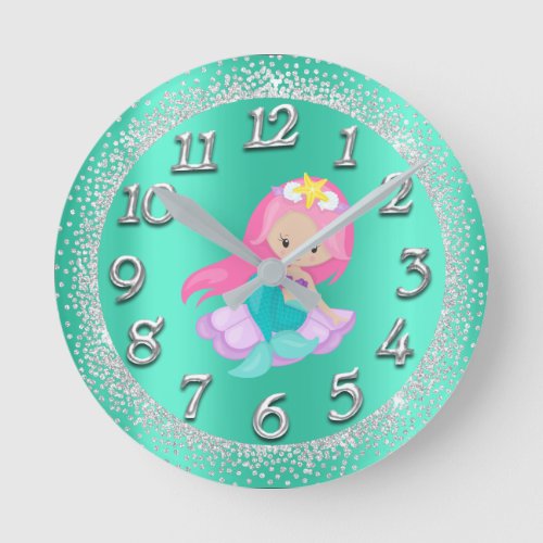 Mermaid Silver Mint Crystals Confetti Glitter Pink Round Clock