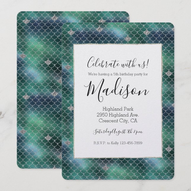 Mermaid Silver Teal Ocean Glitz Birthday Invitation (Front/Back)